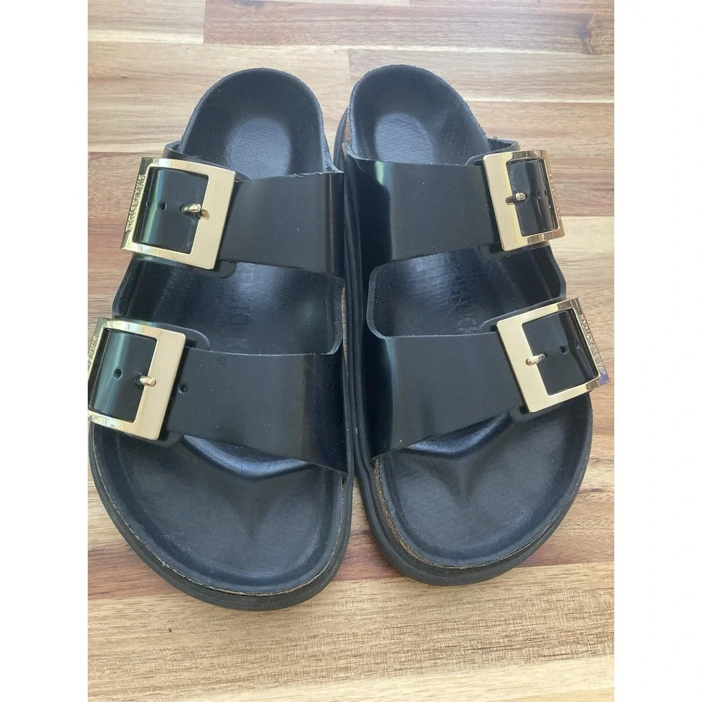 Birkenstock Arizona Droplet Buckle EU38 US7 Sandals High Shine Black Gold Narrow